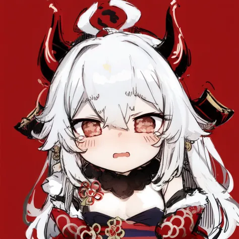 masterpiece, best quality,  
tomoe gozen fate, white hair, red eyes, 2 oni horns,  @:@, <lora:Style_BweehSesield:1>, chibi, sketch