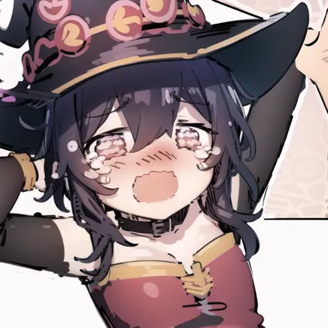 <lora:sesieldBweeehArtist_bweeehv1:1> chibi, sketch,1 girl,sobbing,sad, crying,open mouth, Megumin_1000,witch hat,2d, white background