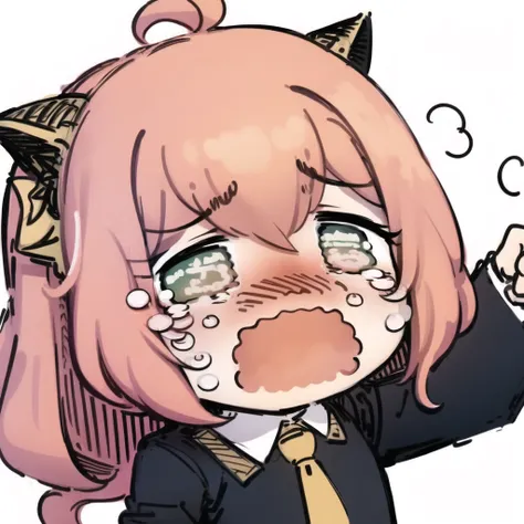<lora:sesieldBweeehArtist_bweeehv1:1> chibi, sketch,1 girl,sobbing,sad, crying,open mouth, anya-10000, pink hair, green eyes,2d, white background