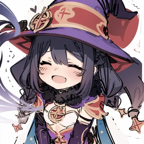 (chibi:1.2), 1girl, (sketch:1.2), solo, black hair, closed eyes, witch hat, mona genshin impact, open mouth, smug smile, white background <lora:Sesield:1>