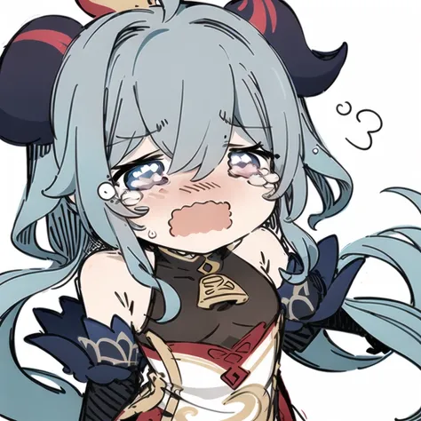 chibi, 1girl, sketch, solo, light blue hair, black and red horns ganyu genshin impact, sobbing, white background <lora:Sesield:1>