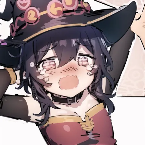 <lora:sesieldBweeehArtist_bweeehv1:1> chibi, sketch,1 girl,sobbing,sad, crying,open mouth, Megumin_1000,witch hat,2d, white background