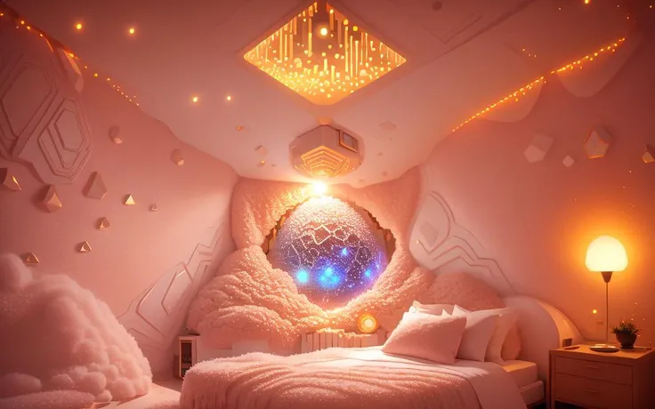 in olidisco style a (cozy)++ upscale+ (quantum fluctuation futurism)++ bedroom, soft LED lighting, low light