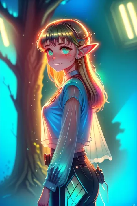 princess zelda, 1girl, bangs, blonde hair, breasts, bridal gauntlets, closed mouth, blushing, from the front, from below, green eyes, highres, jewelry, long hair, long sleeves, nintendo, outdoors, own hands together, pointy ears, ring, small perky breasts, solo, standing, the legend of zelda, tree, triforce print, upper body, blue shirt and black pants,

(<lora:sketchyStyle_v10:0.35>, <lora:gondStyle_v10:0.55>, <lora:flashlight_v15A:0.45>),