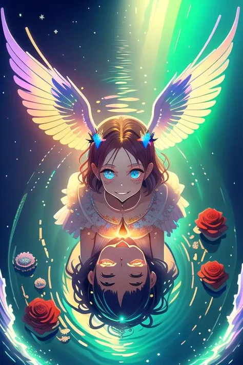 
1girl, red hair, (far away:0.8), short hair, curly hair, [wavy hair], red eyes, expressionless, red dress, intricate dress, frilled dress, flowered dress, long dress, angel wings, white wings, halo, looking up, (from above:1.2), floating in the water, (lying on back:1.1), (spread arms:1.2), in the middle of the ocean, night, black sky, starry sky, milky way, aurora borealis, black water, (reflections:1.1), red roses on the water, water ripples, looking at viewer,

(<lora:StyleSecretSauce610_v1:0.25>, <lora:demonmawai_v10:0.35>, <lora:maronMaronCircle_v10:0.25>),
