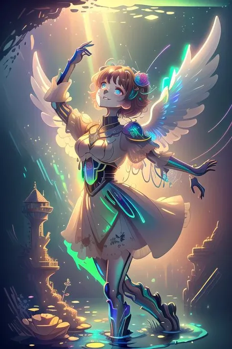 
1girl, red hair, (far away:0.8), short hair, curly hair, [wavy hair], red eyes, expressionless, red dress, intricate dress, frilled dress, flowered dress, long dress, angel wings, white wings, halo, looking up, (from above:1.2), floating in the water, (lying on back:1.1), (spread arms:1.2), in the middle of the ocean, night, black sky, starry sky, milky way, aurora borealis, black water, (reflections:1.1), red roses on the water, water ripples, looking at viewer,

(<lora:bouncyStyle_v10Style:0.25>, <lora:fairytaleai_v10:0.55>, <lora:StyleSecretSauce610_v1:0.35>),