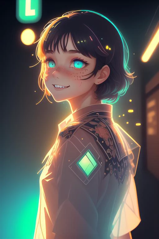 

(flat color:1.4), 1girl, solo, teen, cowboy shot, (depth of field:1.2), (night), downtown, (street light:1.1), (Fantastic lighting), looking at viewer, (school uniform), black hair, long hair, [smile], (Closed mouth),