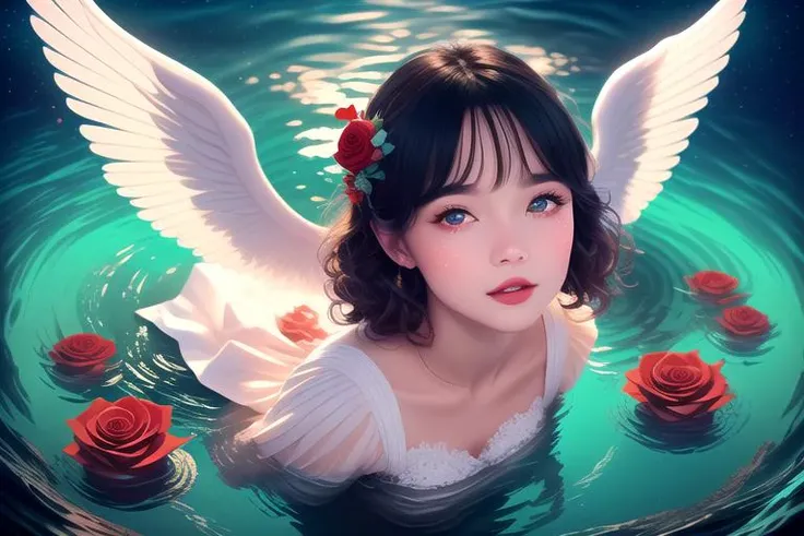
1girl, red hair, (far away:0.8), short hair, curly hair, [wavy hair], red eyes, expressionless, red dress, intricate dress, frilled dress, flowered dress, long dress, angel wings, white wings, halo, looking up, (from above:1.2), floating in the water, (lying on back:1.1), (spread arms:1.2), in the middle of the ocean, night, black sky, starry sky, milky way, aurora borealis, black water, (reflections:1.1), red roses on the water, water ripples, looking at viewer,