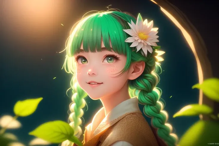 (mxnt, 1girl:1.15), twin braids, solo, mint leaves, white hair, leaf dress, grin, teeth, looking up