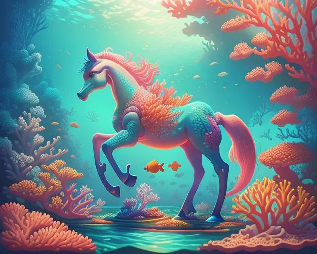 detailed realistic anime illustration of a seahorse in a coral reef, vibrant neon colours