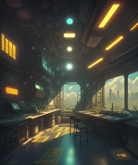 detailed realistic anime illustration of a solarpunk interior