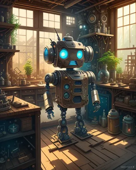 detailed realistic anime illustration of a rustic robot in an enchanted workshop interior