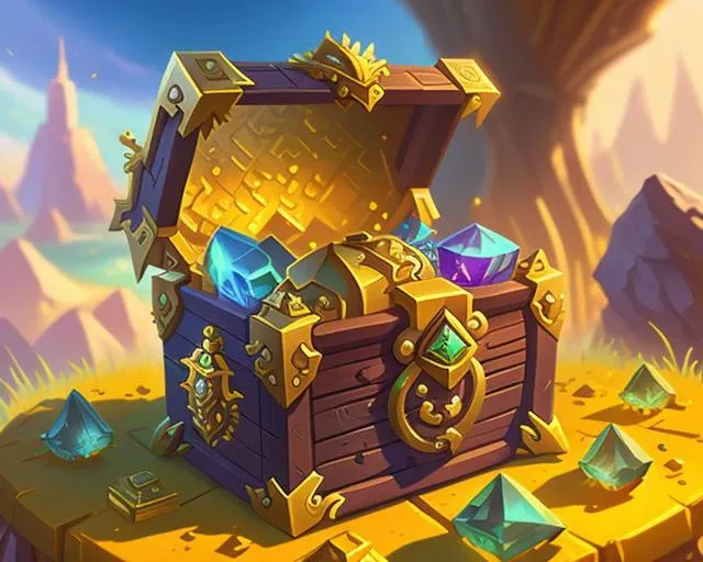 world of warcraft style video game concept art of a treasure chest filled with gems and gold relics