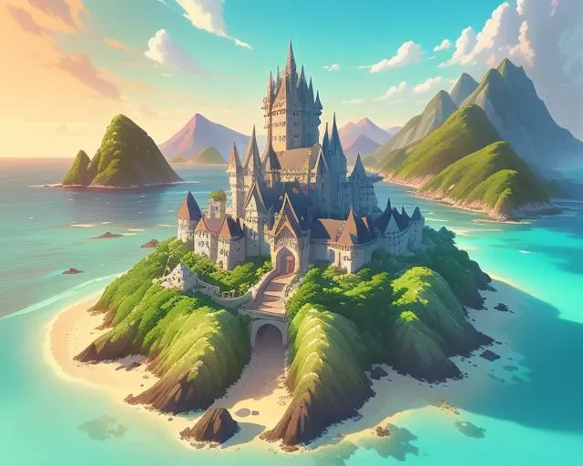 detailed realistic anime illustration a beautiful elven castle on an island in the ocean, mountains, sandy beach, flat illustration, aerial view