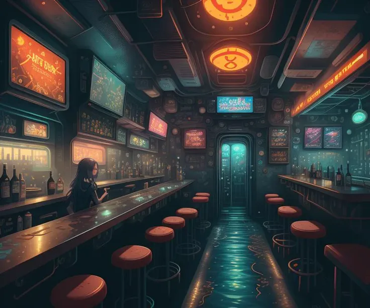 detailed realistic anime illustration of a futuristic dive bar interior