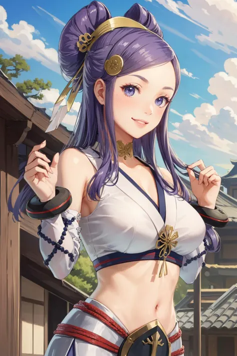 masterpiece, best quality, orochi, hair ornament, white crop top, detached sleeves, bracelets, upper body, large breasts, japanese architecture, building, sky, standing, smile <lora:orochi-nvwls-v1-000012:0.9>