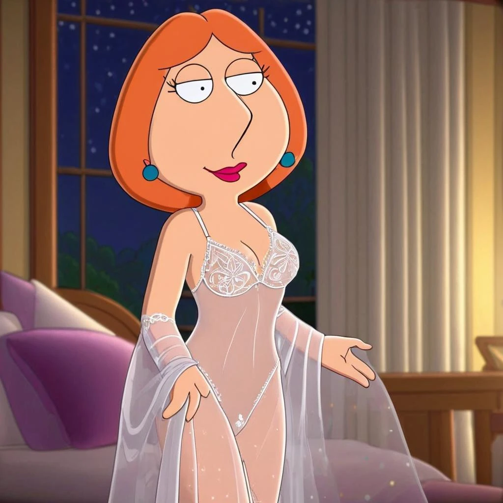 (animated cartoon photo of Lois griffin, orange hair), Seduction is written all over Lois's face as she strikes a pose in a sheer negligee with intricate embroidery and delicate lace detailing." (image of Lois in a translucent nightgown)
(masterpiece, highest quality, 4k:1.4)
<lora:Lois griffin 5.0:0.6>