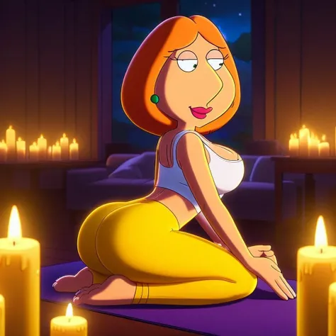 (Lois griffin 1girl, solo, makeup, large breasts, orange hair, cleavage, beautiful eyes), yellow yoga pants, candlelight, candle, fire, ass
(masterpiece, highest quality, 4k, perfect anatomy:1.4)
<lora:Lois griffin 5.0:0.8>