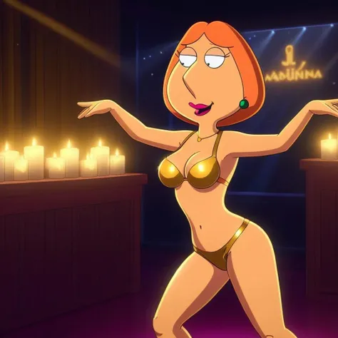 (Lois griffin 1girl ), Gold metallic bikini bottoms and matching pasties, swaying hypnotically as she dances in a nightclub, candlelight
(masterpiece, highest quality, 4k, perfect anatomy:1.4)
<lora:Lois griffin 5.0:0.8>