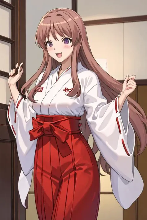 best quality, masterpiece, highres, solo, {white kimono:1.35}, {red hakama:1.35}, {wide sleeves:1.20}, {fuwa_rinna_mangakasantoassistantsanto:1.15}, brown_hair, long_hair, open_mouth, blush, purple_eyes, smile, closed_eyes