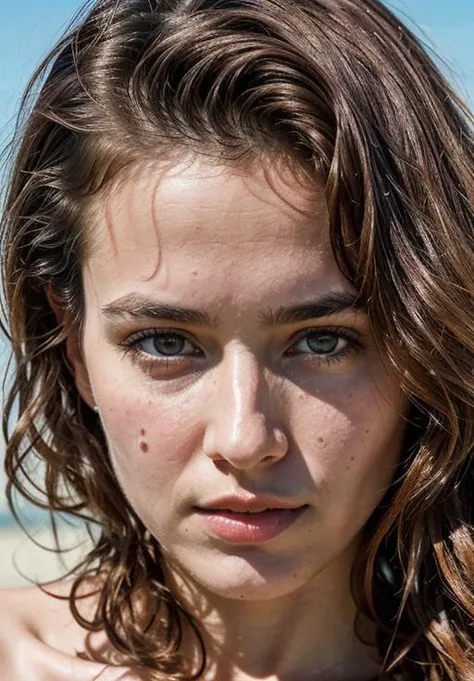 Best quality, masterpiece, ultra high resolution, photo-realistic, raw photo portrait of a woman, at the nude beach, realistic lighting, very detailed skin,