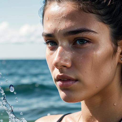 Best quality, masterpiece, ultra high resolution, a close up of a man with water droplets on her face, playstation 5 graphics, athletic fashion photography, clean face and body skin, sweaty skin dripping down face, clothed in summer, posing au naturel, print advertising, young female face