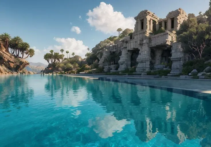artgem and Beeple masterpiece, hyperrealistic surrealism, scifi wide angle landscape in California, award winning masterpiece with incredible details, epic stunning, infinity pool, a surreal liminal space, highly detailed, trending on ArtStation, calming, meditative, surreal, sharp details, dreamscape, giant gold head statue ruins, crystal clear water