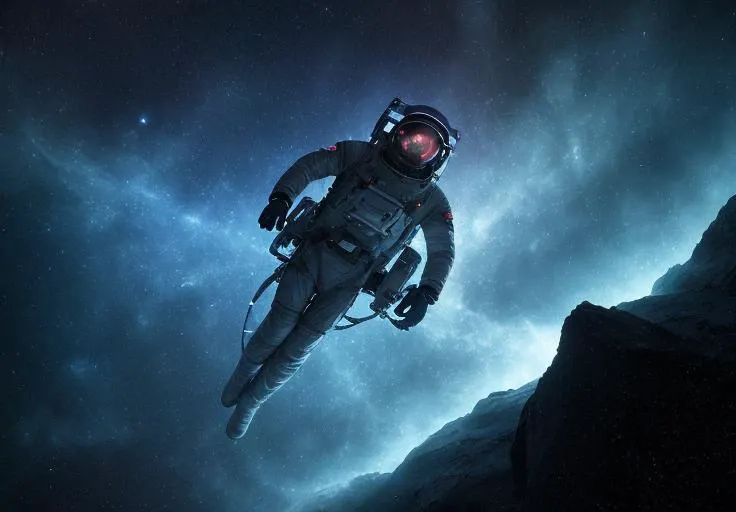 An astronaut swimming through a nebula in space space, astronaut, dreamlike, symbolism, surrealism, symbol, surreal, abstract, texture, concept art, 8k, shadowed, lightrays, atmospheric, octane render, nebula, stars --uplight