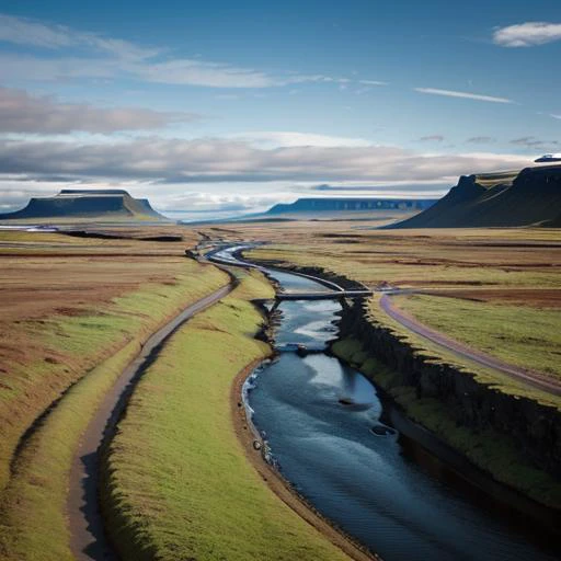 crowds of people walk together, people merge and become a river, river flows to horizon, iceland landscape, Guillermo Lorca, surreal