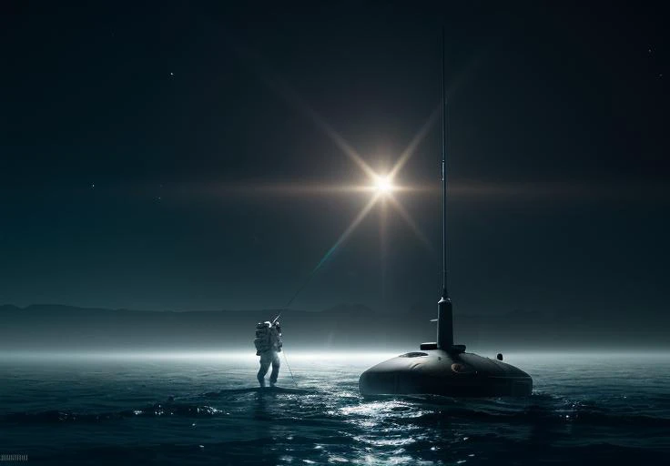 astronaut holding a flag in an underwater desert. a submarine is visible in the distance. dark, concept art, cinematic, dramatic, atmospheric, 8 k, trending on artstation, blue, fish, low visibility, fog, ocean floor, christopher nolan, interstellar
