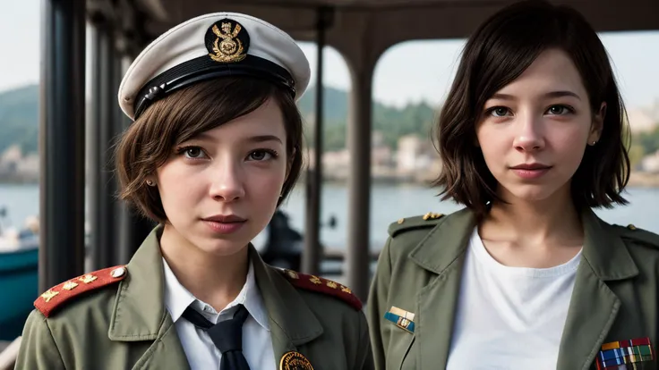 an awarded profesional photography of 1girl AM059_Serena , beautiful amethyst eyes,) short hair messy hair chestnut with kabuto with detached sleeves Canadian Women's Army Corps (CWAC) Uniform: Khaki/green, uniform with jacket and skirt, tie, service cap, insignia infatuated,she make Holding a book or magazine pose button badge in a on a bustling riverside, with boats bobbing on the water , in summer Wes Anderson Fill Lighting,(epic scene:1.3),ultradetialed character with perfect face,detailed skin,(ultrasharp:1.3),(masterpiece:1.1),best quality AS-YoungV2,(photorealistic:1.2),ultrarealistic,realistic ultradetailed character,4k perfect quality,Full shot<lyco:GoodHands-beta2:1>Magnificent,Imperceptible detail,Intricately designed,