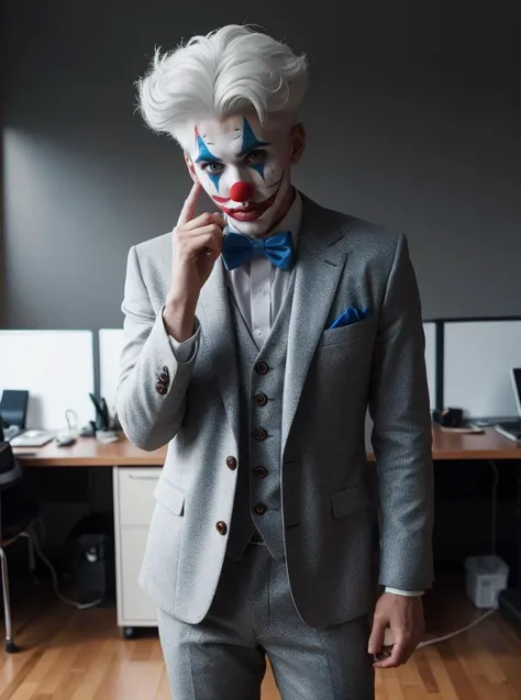 RAW photo, full body shot, 1boy, clown suit, red nose, white skin, (blue:1.2) wig, complex (office:1.2) background <lora:ClownFashion2:0.5> ClownFashion, 8k uhd, dslr, soft lighting, high quality, film grain, Fujifilm XT3, (intricate details:0.9), (hdr, hyperdetailed:1.2)