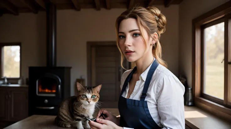 an awarded profesional photography of 1girl k4th3rynw1nn1ck , beautiful jade eyes,) french waterfall braid messy hair chestnut with mongkhon with wrist scrunchie Post-apocalyptic, shabby Cook's Attire: Apron, bandana, rolled-up sleeves, sturdy shoes, oven mitts. classy,she make chin in hand Cat on shoulder in a farm, in spring by Cindy Sherman Task Lighting,(epic scene:1.3),ultradetialed character with perfect face,detailed skin,(ultrasharp:1.3),(masterpiece:1.1),best quality AS-YoungV2,(photorealistic:1.2),ultrarealistic,realistic ultradetailed character,4k perfect quality,Over-the-shoulder shot<lyco:GoodHands-beta2:1>Magnificent,Imperceptible detail,Intricately designed,
