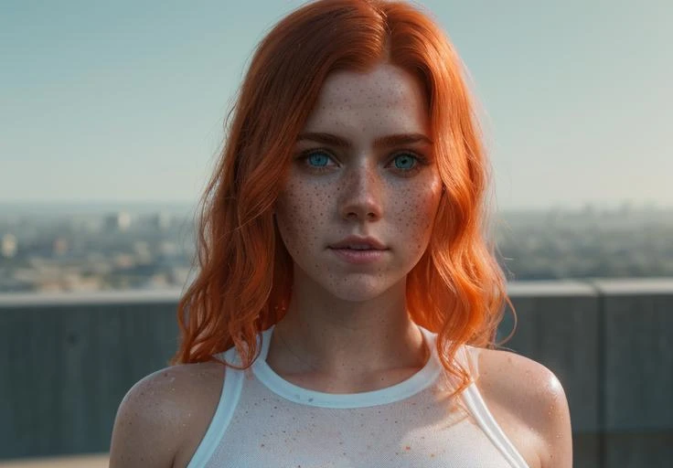 a close up of a woman with freckles on her face, cgsociety unreal engine, wet t-shirt, style of aenami alena, trending on artstartion, inspired by Fyodor Vasilyev, looks a bit similar to amy adams, emissive light, 19-year-old girl, fluffy orange skin, dribbble, dramatic rendering