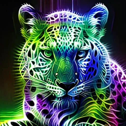n30n, leopard, illustration, blue neon, green neon  <lora:Neon_portrait-000015:1> , simple background, from aside, black background. half body