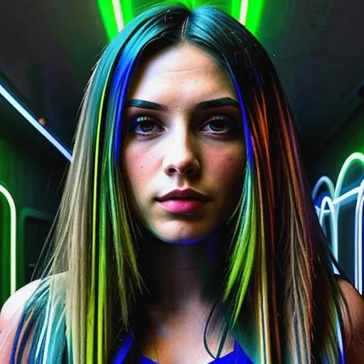 n30n, solo, 1girl, white neon, blue neon, green neon <lora:Neon_portrait-000015:1> , simple background, medium length hair, looking at viewer, beautiful
