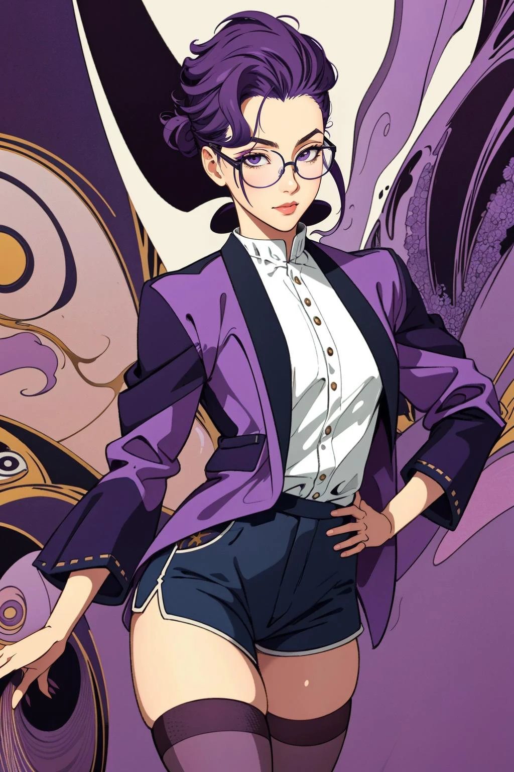 best quality, highly detailed, ertestyle, <lora:naruto_karinuzumaki-11:.8> karinuzumaki, glasses, purple jacket, long sleeves, shorts, thighhighs cowboy shot, contrapposto, <lora:Ertestyle:1> abstract background, looking at viewer,