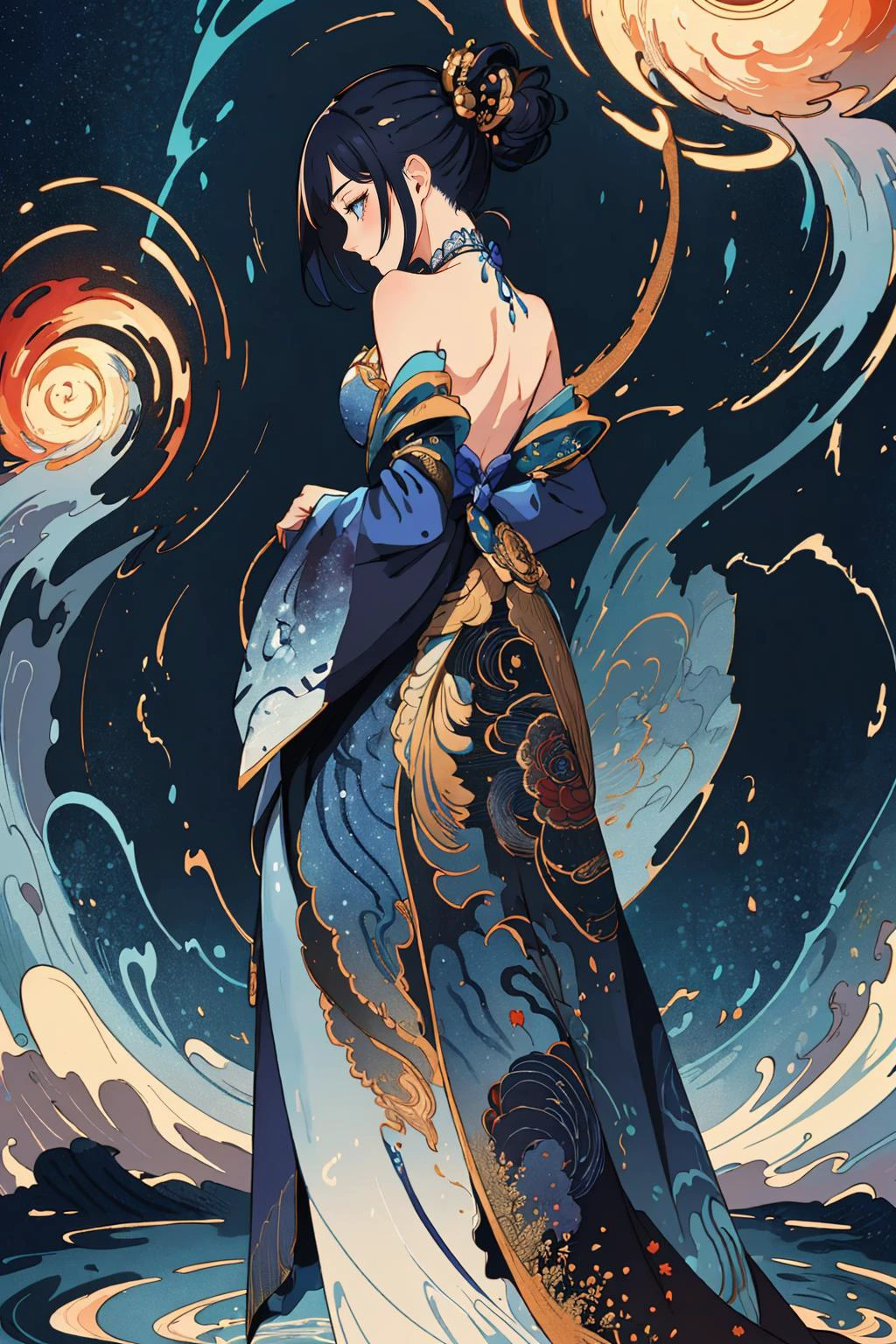 masterpiece, best quality, ertesyle, from below, (wearing Haute_Couture,edgHC_dress), edgEF, cowboy shot, a woman in a blue dress with golden embroidery, bare shoulders, wearing edgEF eastern clothing, arms behind back, leaning forward, closed mouth, gentle smile, natural lighting, <lora:edgEasternFantasyCouture:1> <lora:Ertestyle:0.9> Create a swirling tornado of colors, with twisting and spiraling brushwork, accompanied by intense color leaks and splashes that convey the raw power of a chaotic storm, <lora:GoodHands-beta2:1>