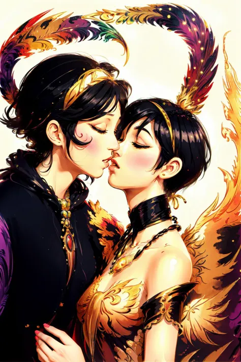 (Masterpiece, best quality:1.2) beautiful, ertestyle, illustration, vibrant colors, goddess synanna, 1bird, eskimo kiss with bird, solo, bare shoulders, headdress, phoenix dress, upper body, short hair, black hair, headband, makeup, eyeliner, pearl necklace, closed eyes, parted lips, jewelry, eskimo kiss, phoenix, fire, <lora:Ertestyle:.9>  art_deco_fusion, 
<lora:art_deco_fusion-10:0.6>  <lora:phoenix_offset:0.85> <lora:Degen-Syanna:0.5> <lora:eskimokiss:0.38>