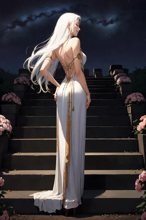 Masterpiece, best quality beautiful, ertestyle, illustration, 1girl, solo, ertestyle, white hair, very long hair, profile, makeup, closed eyes, smile, (hand on hip:1.2), ghostdom, night, backlight, flowers:0.5, stairs, from behind, (milky way), (dark environment), (leo zodiac sign), <lora:Ertestyle:.85>   <lora:GoodHands-beta2:1>