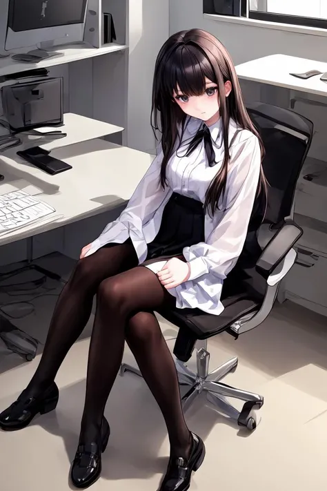 (masterpiece, best quality), a young black haired girl office secretary dressed in a transparent white blouse and black office skirt and black pantyhose ,sitting in an office chair, holding pencil, (detailed skin:1.3),(detailed eyes), (sharp focus), <lora:add_detail:1>