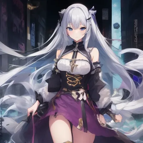 (((masterpiece))) , (((best quality))) , anime style, 2d, Average Creepy thin charming 1girl, solo as a villain, she is dressed in Baju Kurung, The Baju Kurung is inspired by the Gladiator movie, her hair is Gray, key visual
