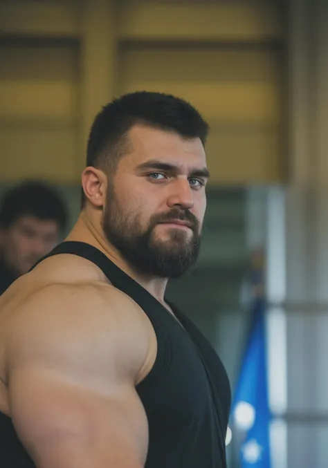 Highly detailed, [Portrait-photojournalism], GS-Masculine, (A 250lbs russianbodybuilder:hairymusclebear), Black hair, fuzzy eye brows, [[blue-eyes, pupils]], round face, [subble]+goatee, Stocky:burly, muscle_bear. skin pores, imperfect skin. Russian military extremist, (KGB Special ops), ussr, staligrad, Ambient light, Bloom, Canon EOS R6, Nokton 70mm f1.1, [Strong shapes composition], Cinestill 800T, Vignette, award winning quality