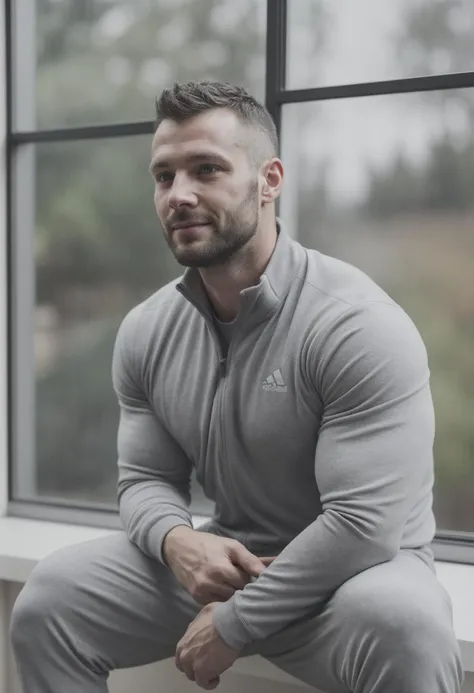 portrait of a 30 year old man, wearing a grey track suit, sitting at home, looking out of the window, rainy day, bokeh, high detail, 4K