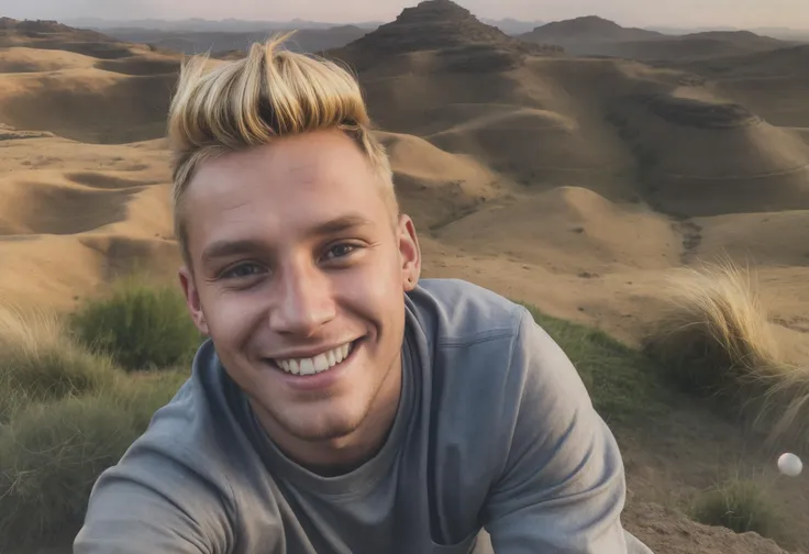 portrait of a mischievous young man, blond hair, looking at viewer, big smile, in the highlands of ethiopia, stunning landscape, dry grasslands, dusk, award winning landscape photography