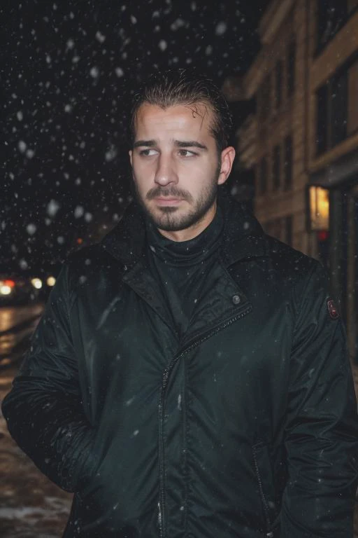 RAW photo, expressive face, anxious facial expression, 25yo 1boy, dg_ShiaLabeouf <lora:dg_ShiaLabeouf_v1:0.8>, bully, dark city streets, snowing, snowfall, black jacket, black sunglasses, wet, wet hair, detailed realistic hands, outdoors, nighttime, dark, night,