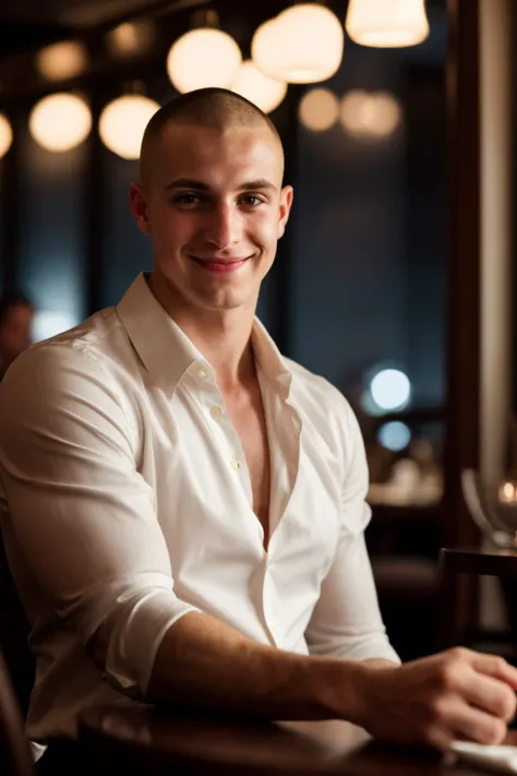 wide angle, athletic guy at table booth,soft smile, buzzcut, unbuttoned shirt,
dark low lit , clutter, date night, elegant restaurant, crowded, ((dimly lit, low lit, deep focus, snapchat)),
bad quality , grainy jpg , blurred, motionblur, ugly,