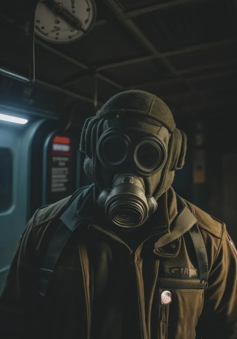 Highly Detailed, action shot Photojournalism Portrait, (Artyom Alekseyevich Chyornyj), shaved head, red eyes, wearing gasmask, buff_burly_muscular_bodybuilder++hairymusclebear), High budget hollywood action , (Metro exodus Live action movieocalyptic metro station , Ambient light, Bloom, Canon EOS R6, Nokton 70mm f1.1, [Strong shapes composition], Cinestill 800T, Vignette, award winning quality
