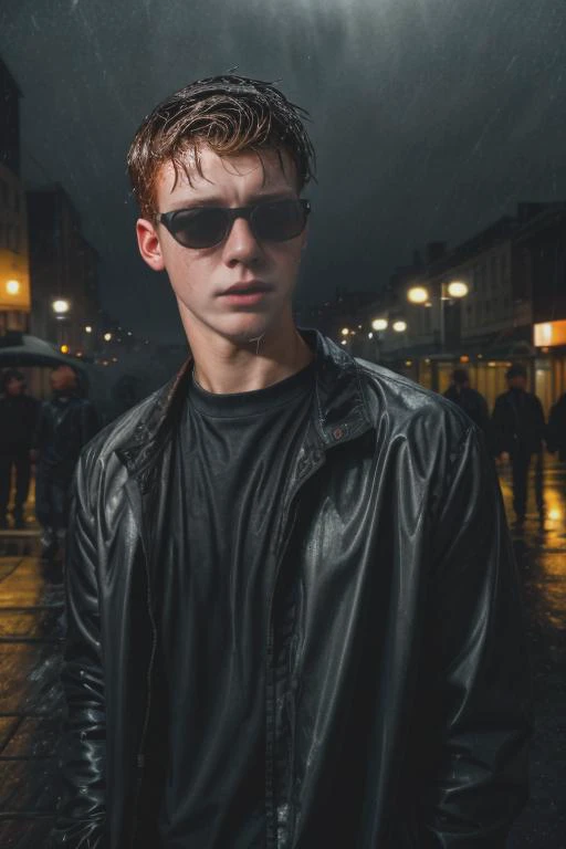 RAW photo, expressive face, anxious facial expression, 20yo 1boy, dg_Finn <lora:dg_Finn_v1:0.8>, bully, dark city streets, raining, black jacket, black sunglasses, wet, wet hair, detailed realistic hands, outdoors, nighttime, dark, night,