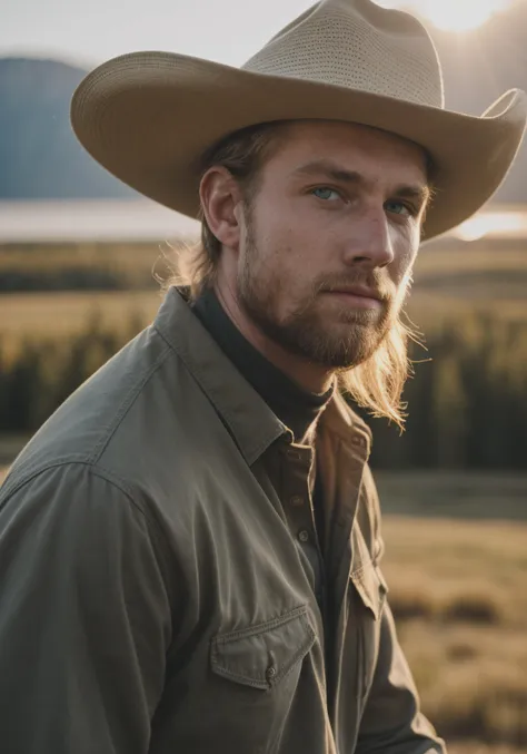 Highly detailed, , GS-Musculine(malefocus Portrait photography 25 yearold texas roughneck), [[[straw hat]]], blonde hair, blue eyes, freckles Natural light, [Lens flare, Golden hour, Dusk, Wind], Yellowstone National Park, (Sony A7 III, 35mm prime lens), Cowboy shot, Eye level, Rule of thirds composition, Cinestill 800T, [[Film grain]], DSLR